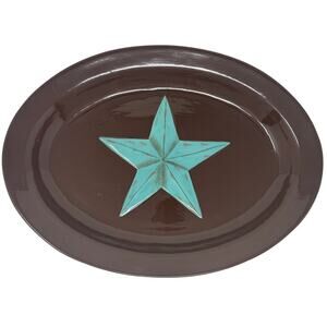 Large Brown Western Serving Platter 16.5" Oval with Turquoise Blue Star
